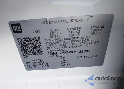 2021 Chevrolet Traverse Fwd Lt Leather z USA, uszkodzony, nr VIN 1GNERHKW0MJ213033